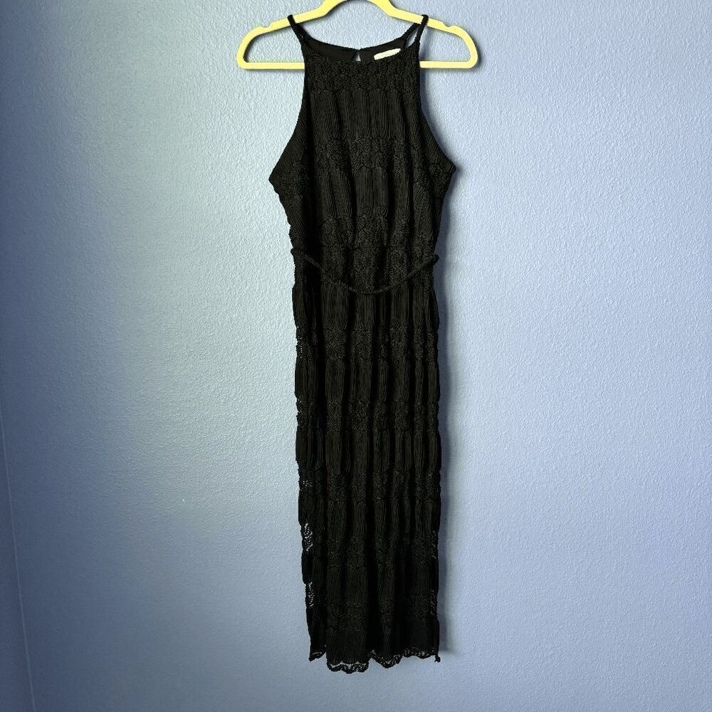 Women's New York & Company Long Dress Black Small Sash Tie Crochet Halter Chic